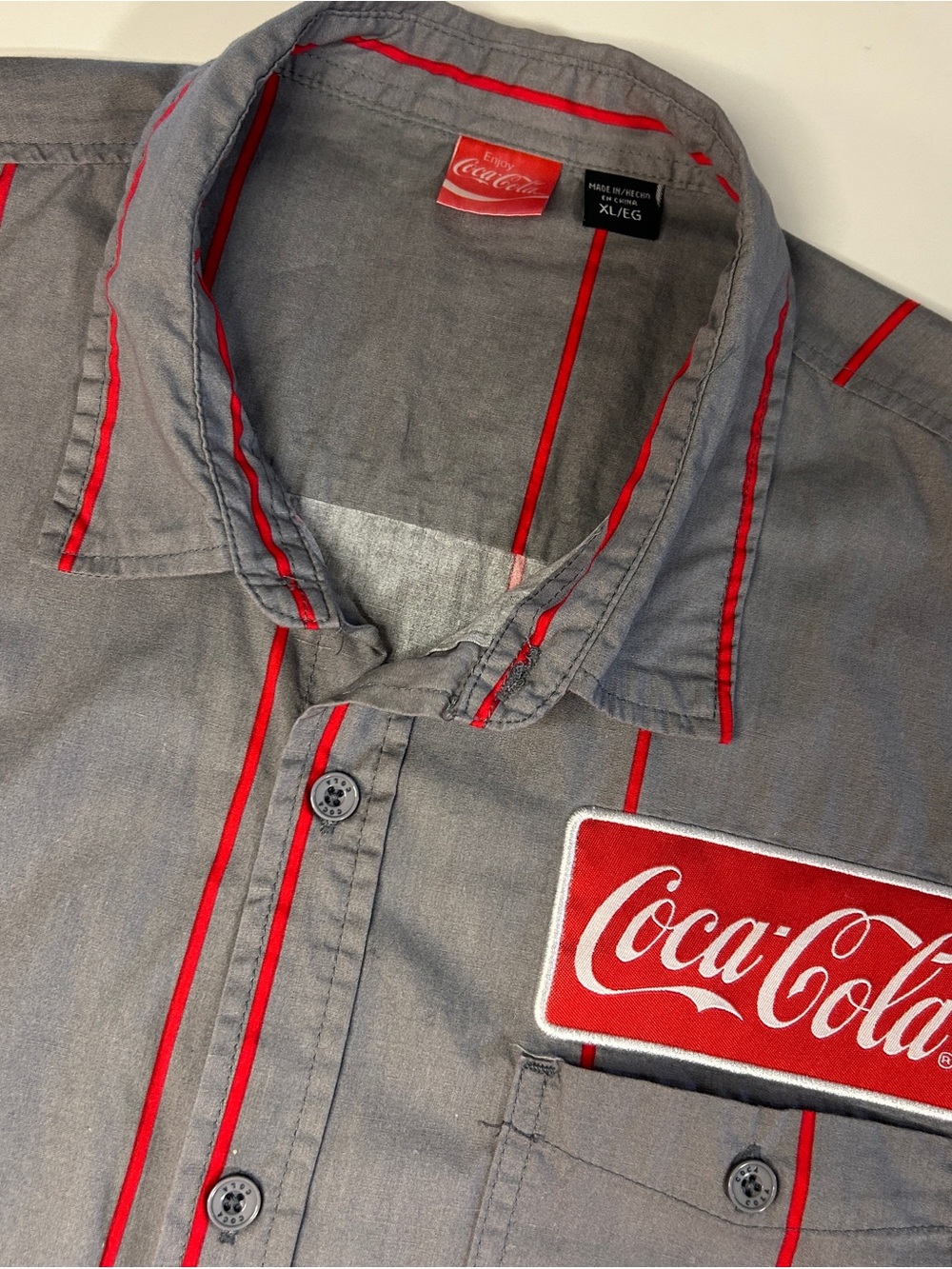 Coca-Cola Pinstripe Mechanic Button Down Shirt Vintage Patch XL Grey